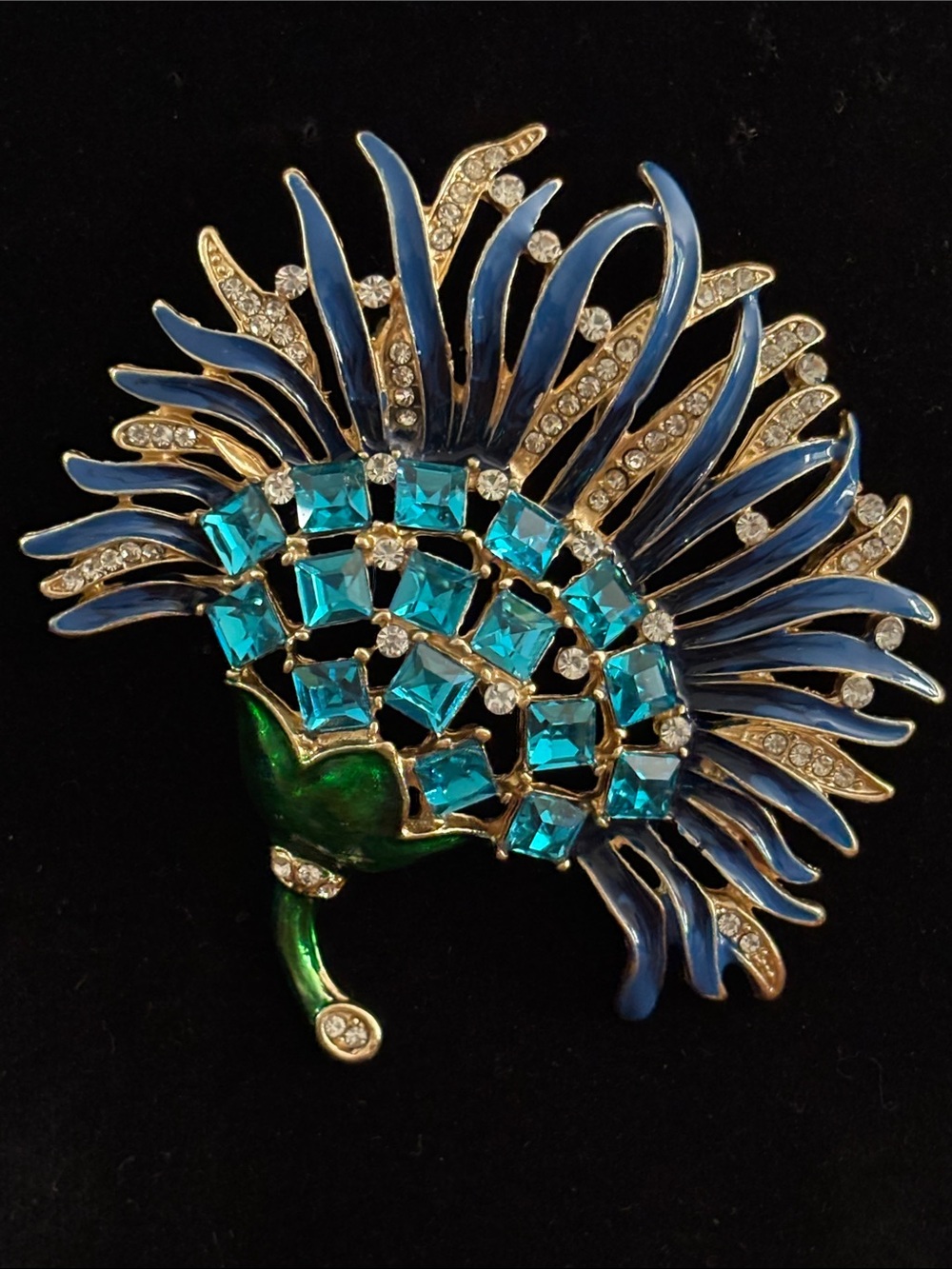Blue and Teal Crystal Floral Brooch